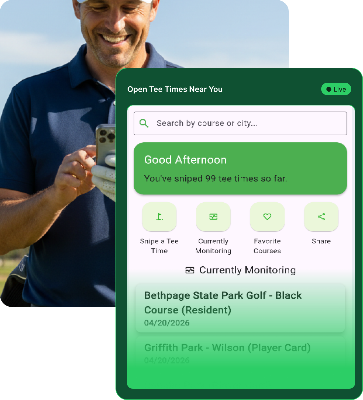 Tee Time Snipe app showing open tee times near you